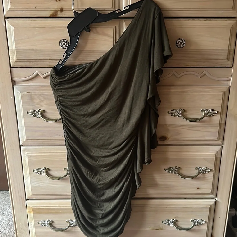 Forever 21 | Army Green One Shoulder Bat Wing Rouched Mini Dress Size Medium - Picture 1 of 5
